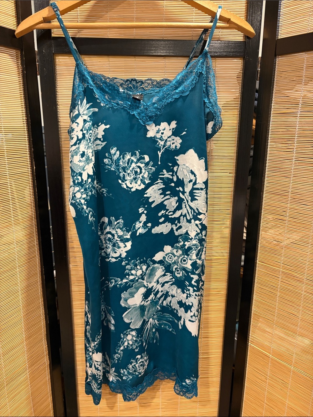Floral Lace-Trim Teal Slip Dress